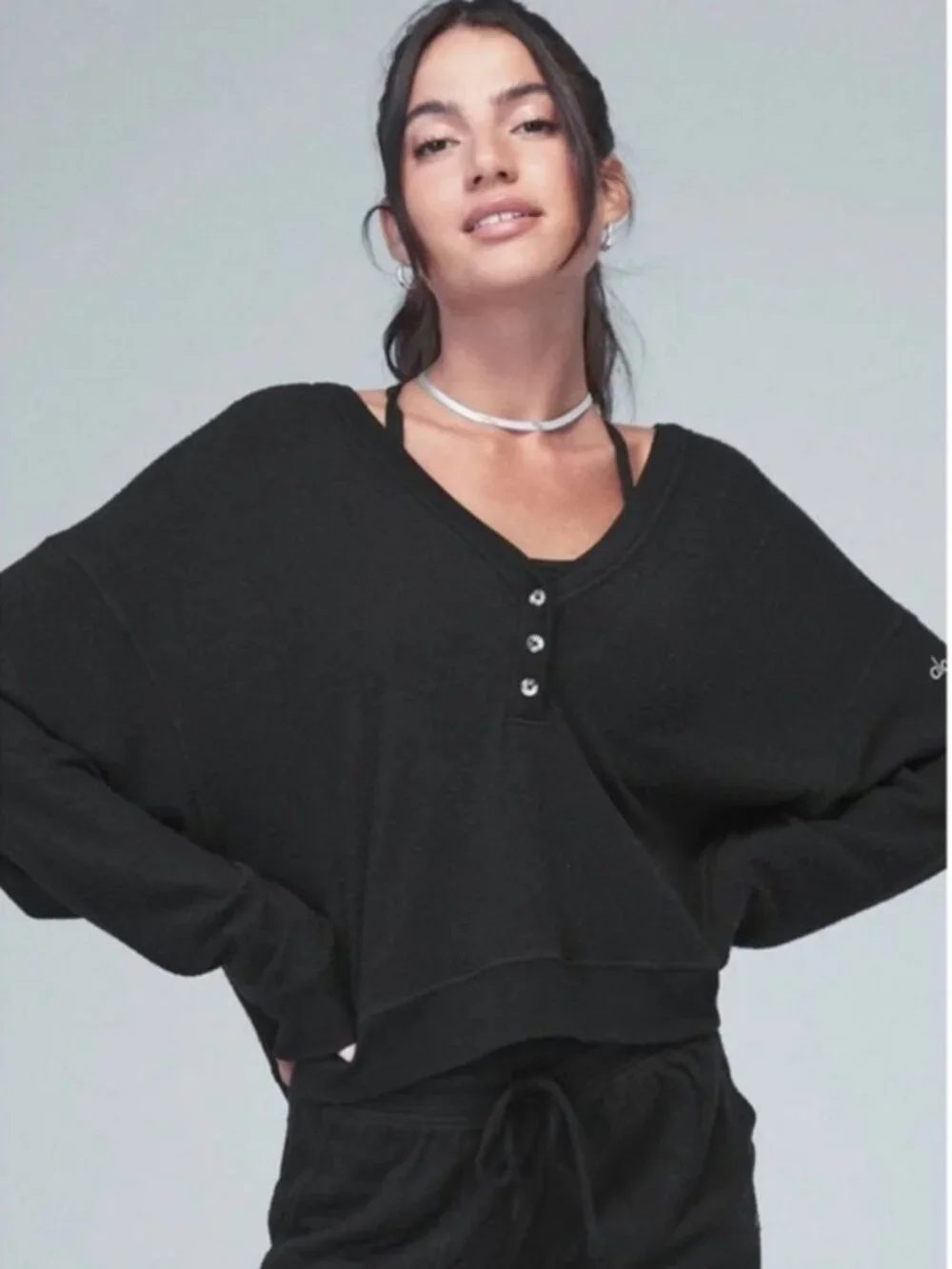 Alo Yoga Black Soho Cropped Pullover Henley Top